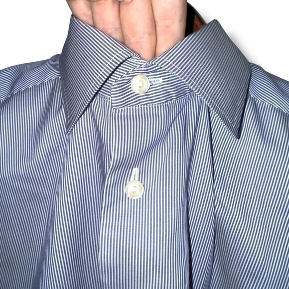 Eton Contemporary Blue Bengal Striped Twill Semi Spread Dress Shirt XL 17 - Picture 4 of 9